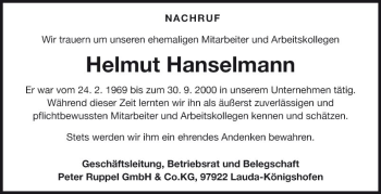 Traueranzeige von Helmut Hanselmann von Fränkische Nachrichten