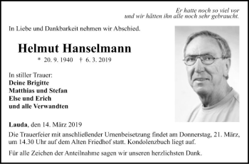 Traueranzeige von Helmut Hanselmann von Fränkische Nachrichten