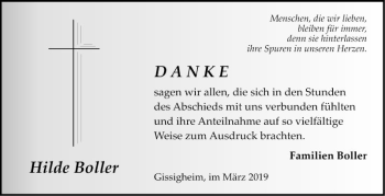 Traueranzeige von Hilde Boller von Fränkische Nachrichten