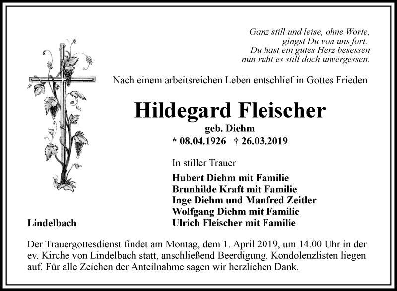  Traueranzeige für Hildegard Fleischer vom 29.03.2019 aus Fränkische Nachrichten