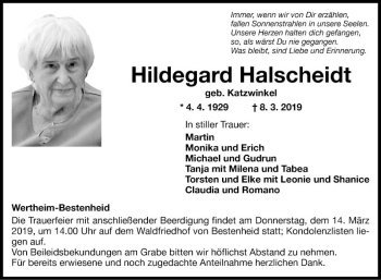 Traueranzeige von Hildegard Halscheidt von Fränkische Nachrichten