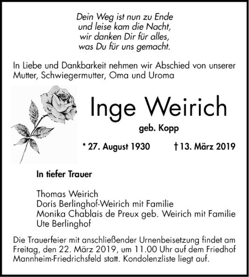  Traueranzeige für Inge Weirich vom 19.03.2019 aus Mannheimer Morgen