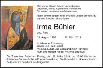 Traueranzeige von Irma Bühler von Mannheimer Morgen