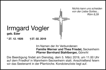 Traueranzeige von Irmgard Vogler von Mannheimer Morgen