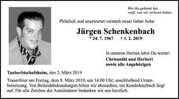 Traueranzeige von Jürgen Schenkenbach von Fränkische Nachrichten