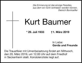 Traueranzeige von Kurt Baumer von Mannheimer Morgen