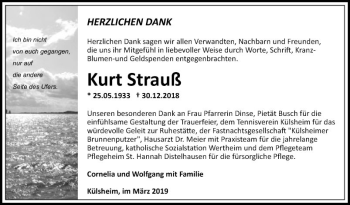 Traueranzeige von Kurt Strauß von Fränkische Nachrichten