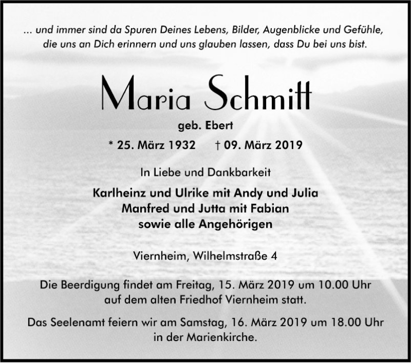  Traueranzeige für Maria Schmitt vom 12.03.2019 aus Südhessen Morgen