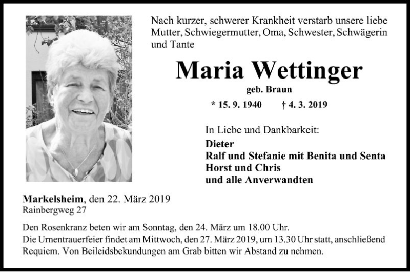  Traueranzeige für Maria Wettfinger vom 22.03.2019 aus Fränkische Nachrichten