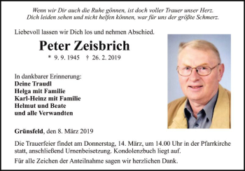 Traueranzeige von Peter Zeisbrich von Fränkische Nachrichten
