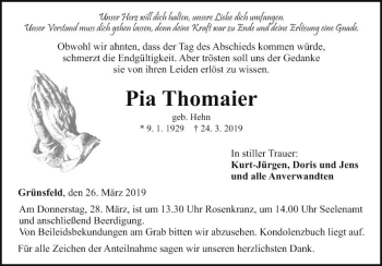 Traueranzeige von Pia Thomaier von Fränkische Nachrichten