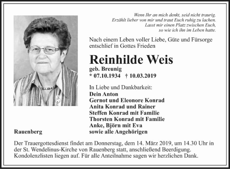  Traueranzeige für Reinhilde Weis vom 12.03.2019 aus Fränkische Nachrichten