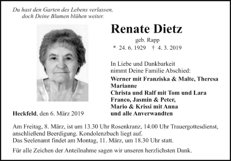  Traueranzeige für Renate Dietz vom 06.03.2019 aus Fränkische Nachrichten