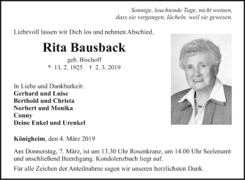 Traueranzeige von Rita Bausback von Fränkische Nachrichten