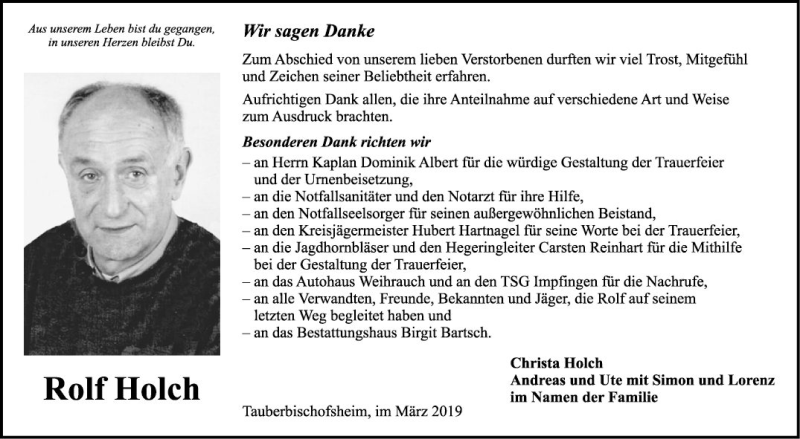  Traueranzeige für Rolf Holch vom 02.03.2019 aus Fränkische Nachrichten