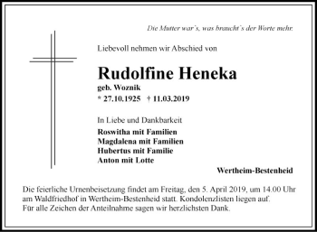 Traueranzeige von Rudolfine Heneka von Fränkische Nachrichten