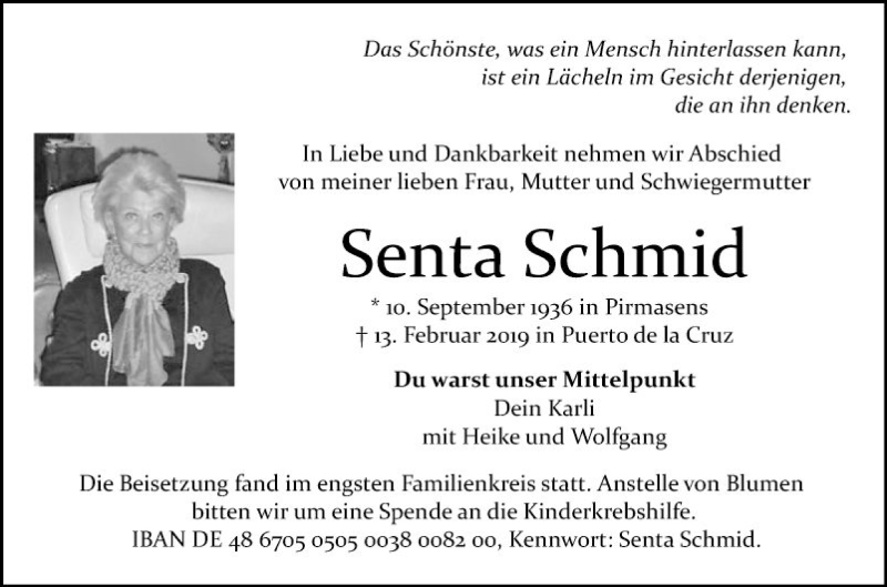  Traueranzeige für Senta Schmid vom 09.03.2019 aus Mannheimer Morgen