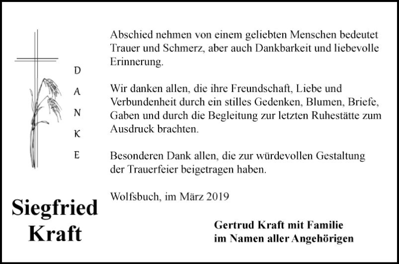  Traueranzeige für Siegfried Kraft vom 23.03.2019 aus Fränkische Nachrichten