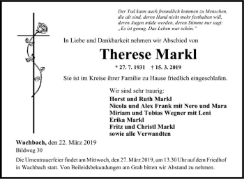Traueranzeige von Therese Markl von Fränkische Nachrichten