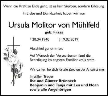 Traueranzeige von Ursula  Molitor von Mühlfeld von Mannheimer Morgen