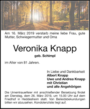 Traueranzeige von Veronika Knapp von Mannheimer Morgen