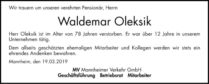  Traueranzeige für Waldemar Oleksik vom 19.03.2019 aus Mannheimer Morgen