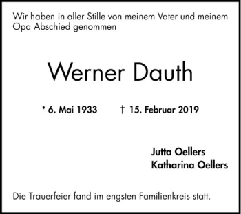 Traueranzeige von Werner Dauth von Mannheimer Morgen