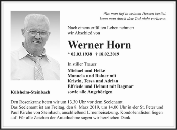 Traueranzeige von Werner Horn von Fränkische Nachrichten