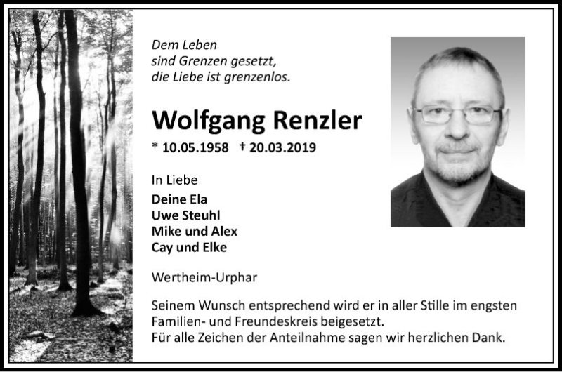  Traueranzeige für Wolfgang Renzler vom 23.03.2019 aus Fränkische Nachrichten