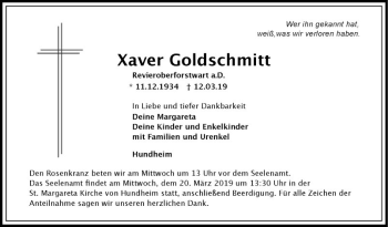 Traueranzeige von Xaver Goldschmitt von Fränkische Nachrichten