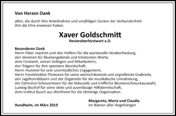 Traueranzeige von Xaver Goldschmitt von Fränkische Nachrichten
