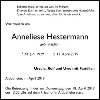 Traueranzeige von Anneliese Hestermann von Schwetzinger Zeitung