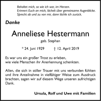 Traueranzeige von Anneliese Hestermann von Schwetzinger Zeitung