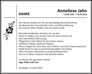 Traueranzeige von Anneliese Jahn von Fränkische Nachrichten