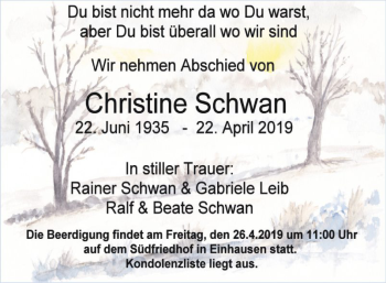 Traueranzeige von Christine Schwan von Bergsträßer Anzeiger