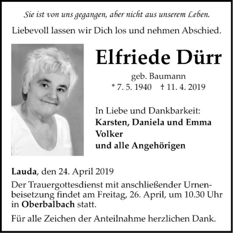  Traueranzeige für Elfriede Dürr vom 24.04.2019 aus Fränkische Nachrichten