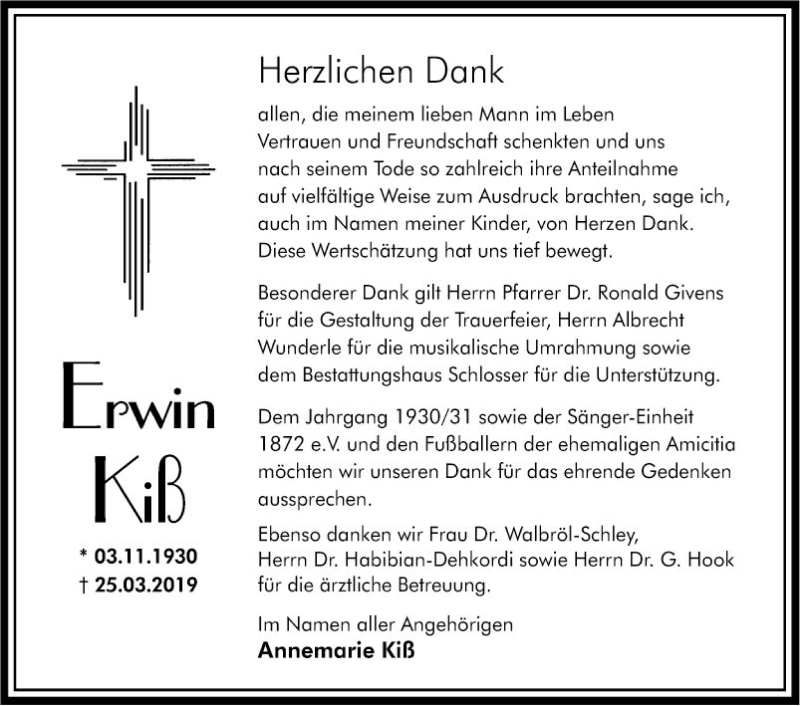  Traueranzeige für Erwin Kiß vom 13.04.2019 aus Südhessen Morgen