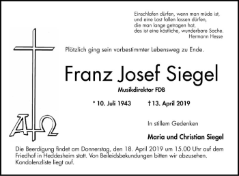 Traueranzeige von Franz Josef Siegel von Mannheimer Morgen