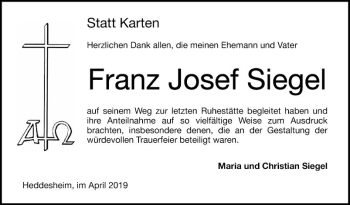 Traueranzeige von Franz Josef Siegel von Mannheimer Morgen