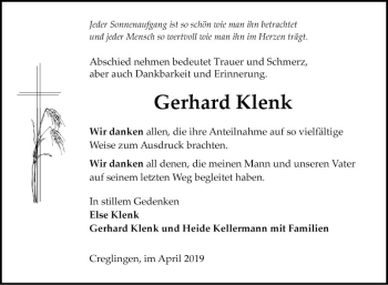 Traueranzeige von Gerhard Klenk von Fränkische Nachrichten