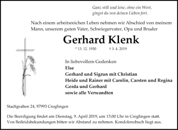 Traueranzeige von Gerhard Klenk von Fränkische Nachrichten