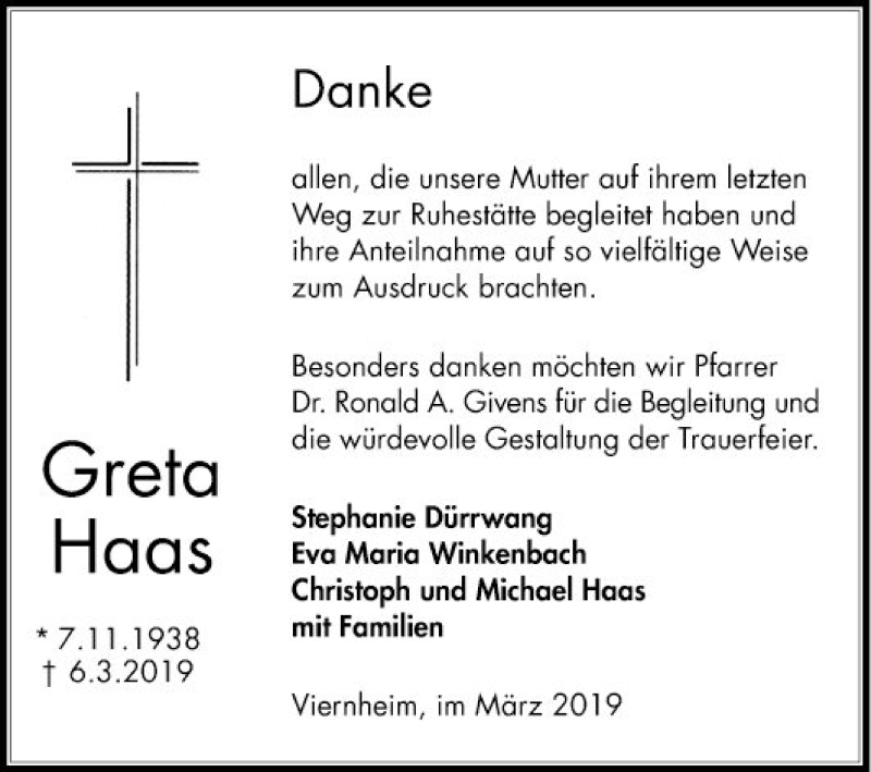 Traueranzeige für Greta Haas vom 06.04.2019 aus Mannheimer Morgen