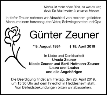 Traueranzeige von Günter Zeuner von Mannheimer Morgen