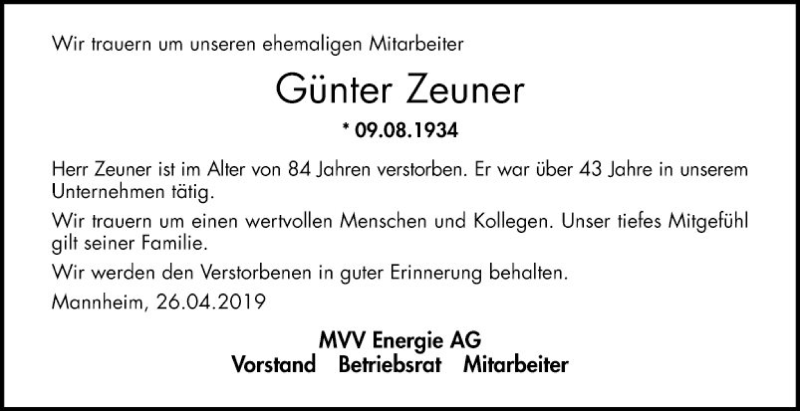  Traueranzeige für Günter Zeuner vom 26.04.2019 aus Mannheimer Morgen