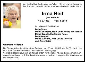 Traueranzeige von Irma Reif von Fränkische Nachrichten