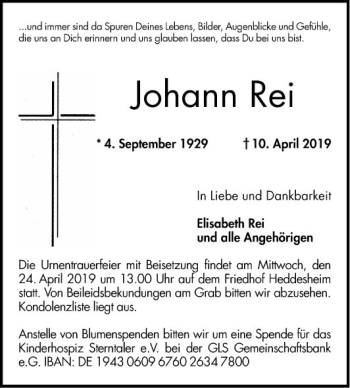Traueranzeige von Johann Rei von Mannheimer Morgen