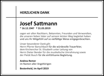 Traueranzeige von Josef Sattmann von Fränkische Nachrichten