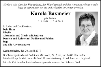 Traueranzeige von Karola Baxmeier von Fränkische Nachrichten