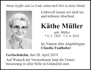Traueranzeige von Käthe Müller von Fränkische Nachrichten