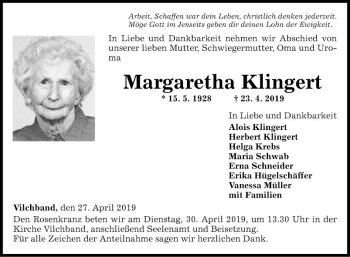 Traueranzeige von Margaretha Klingert von Fränkische Nachrichten